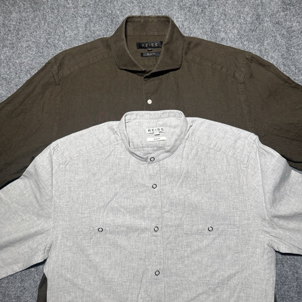 Reiss Long Sleeve Button Up Men Size Large Slim Fit, 1 Linen, 1 Band Collar Snap